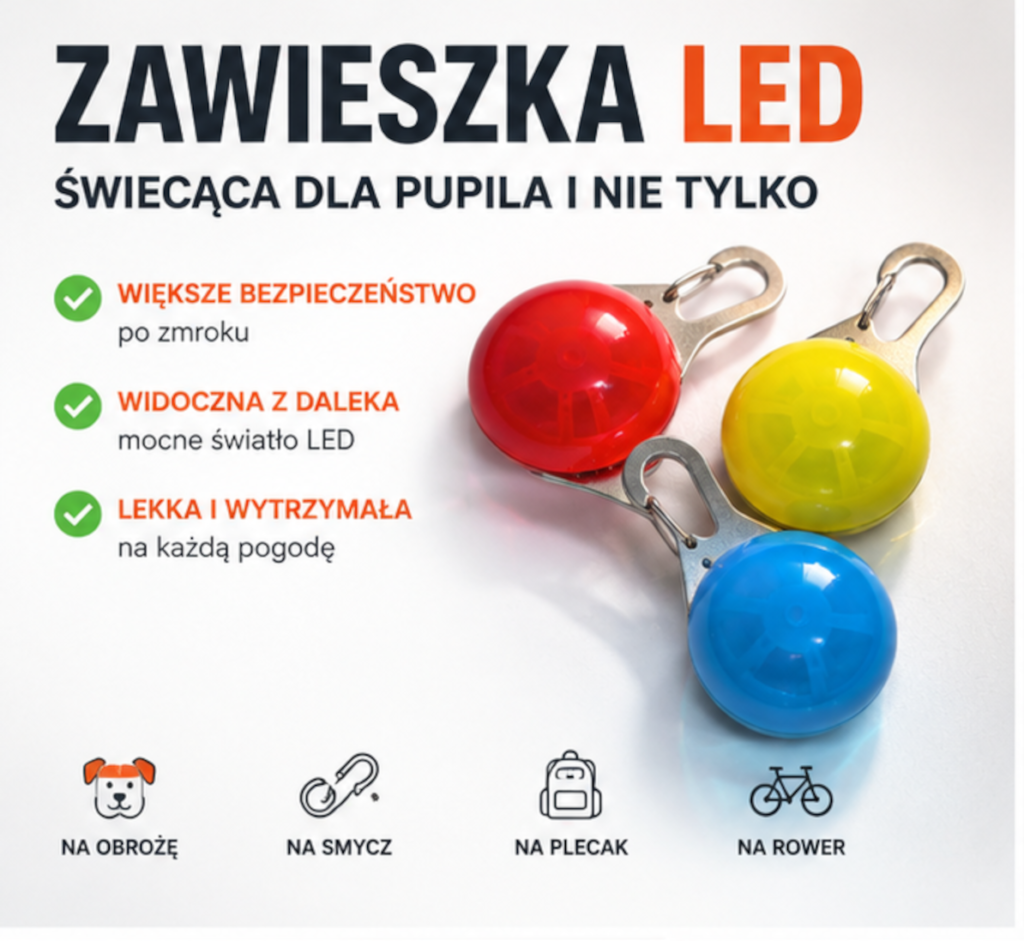 Zawieszka led na obrożę, smycz, szelki
